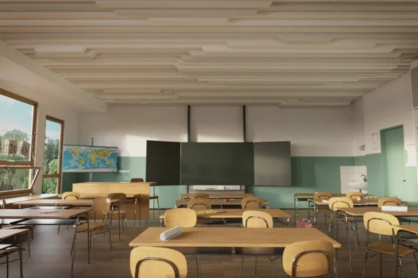 Gemonteerde akoestische plafondbaffles in een moderne kantooromgeving (1).